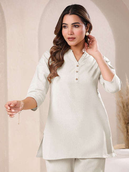 Janasya Women's Off White Cotton Solid A-line Top